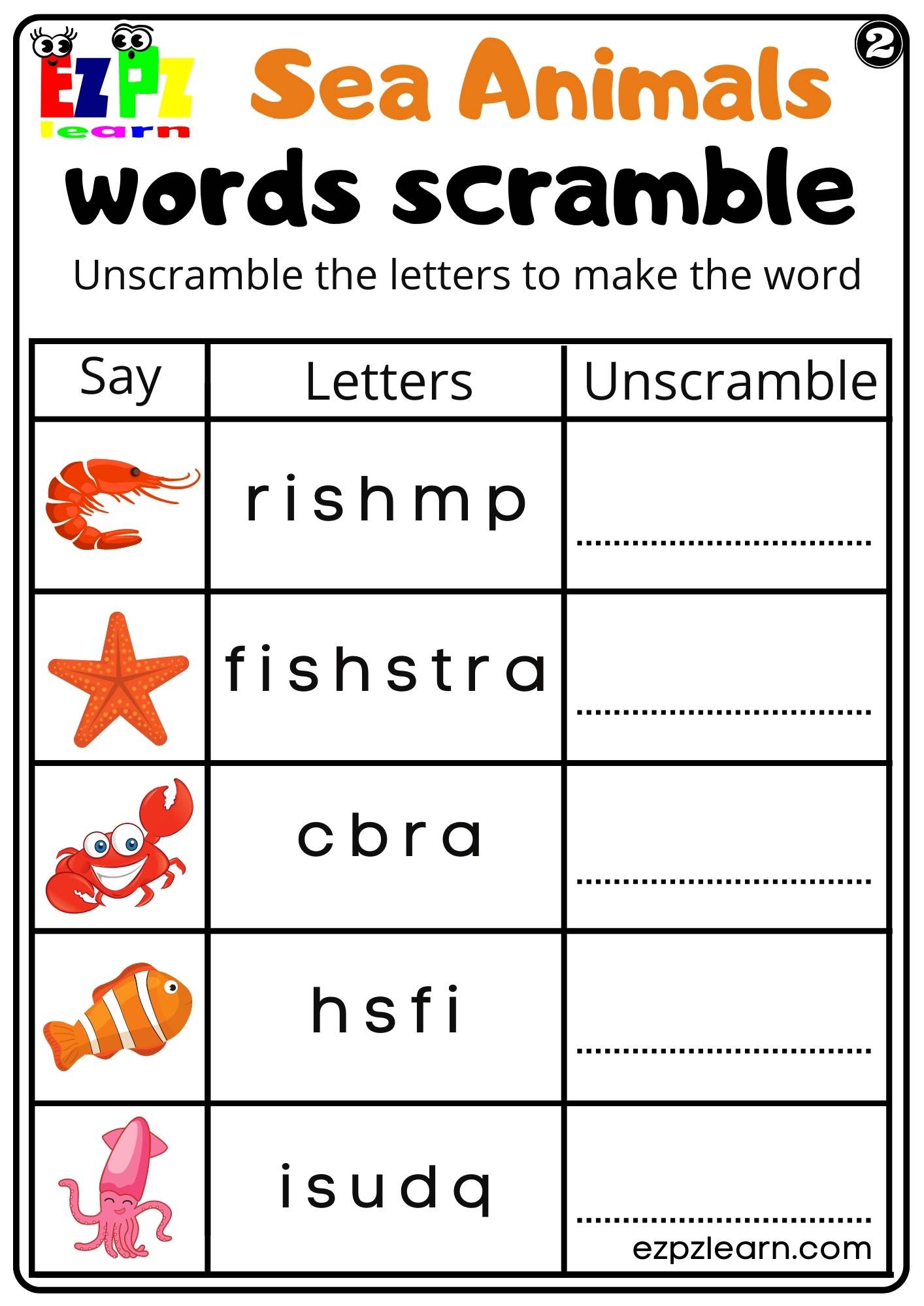 Sea Animals Word Scramble Worksheet For Kids and ESL Set 2 Free PDF Download
